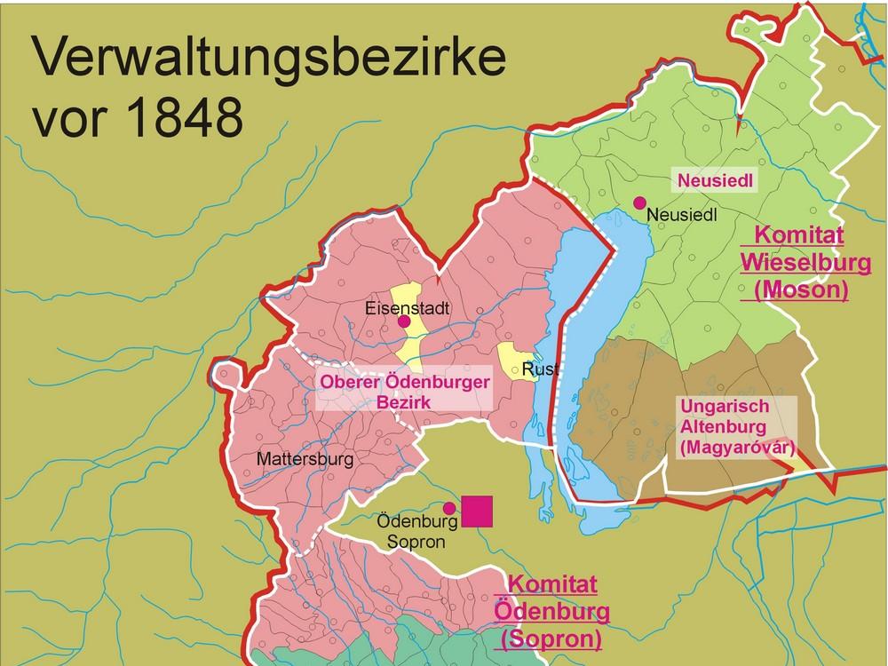 Die Karte zeigt die Komitate und die Verwaltungsbezirke Westungarns auf dem Gebiet des heutigen Burgenlandes im Jahr 1848