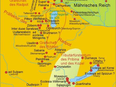 Zu sehen ist eine Karte mit archäologischen Funden aus der Karolingerzeit auf dem Gebiet des heutigen Burgenlandes, mit Schwerpunkt Nord- und Mittelburgenland.