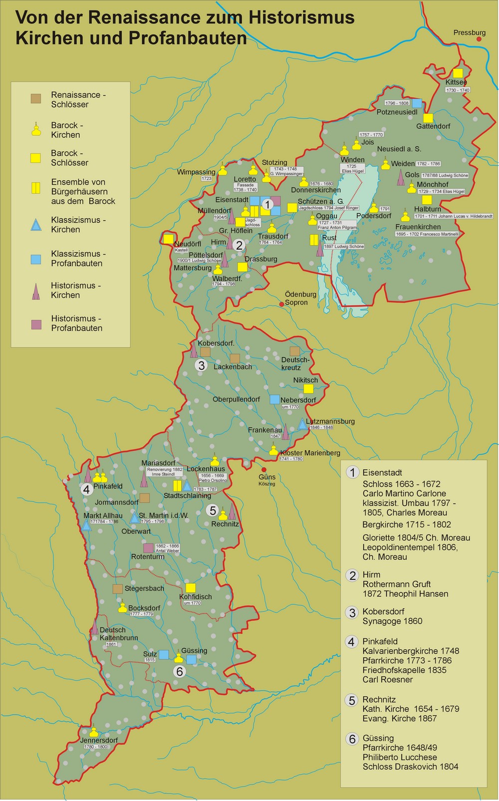 Auf der Karte zu sehen sind, Kirchen- und Profanbauten, die vom Barock über Klassizismus bis zum Historismus im Burgenlanderrichtet wurden.