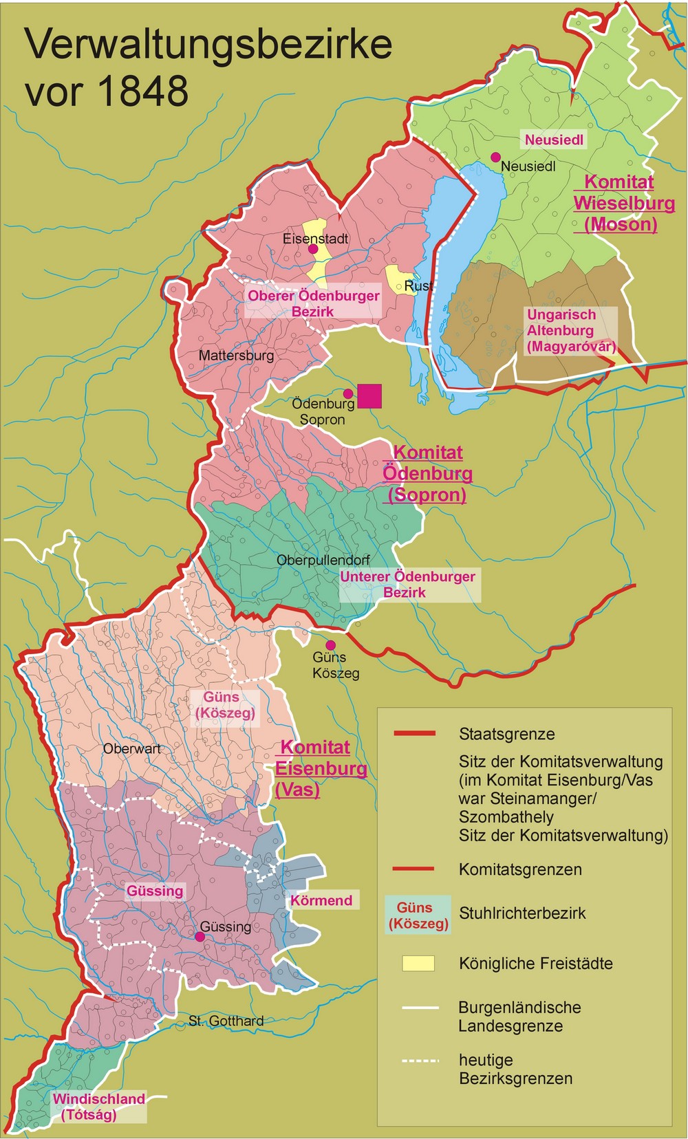 Die Karte zeigt die Komitate und die Verwaltungsbezirke Westungarns auf dem Gebiet des heutigen Burgenlandes im Jahr 1848