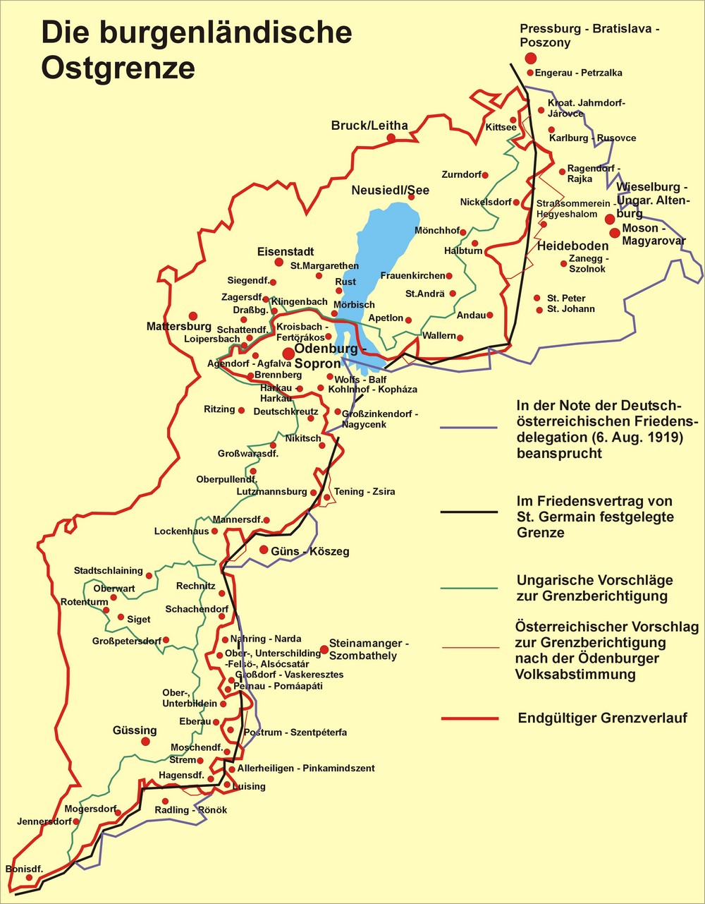 Zu sehen sind die unterschiedlichen Grenzziehungen der Ostgrenze des Burgenlandes von der ersten verhandelten Ostgrenze bis zur endgültigen Grenzziehung