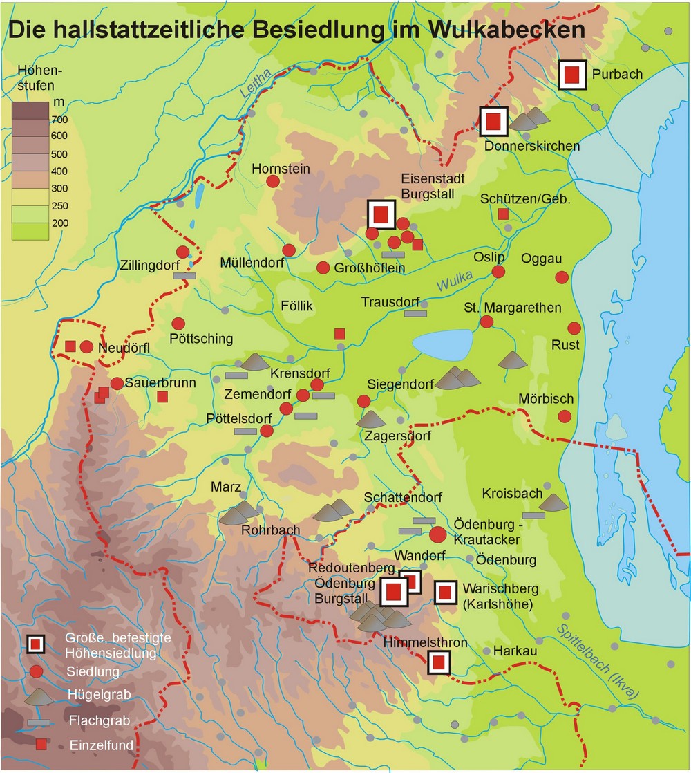 Zu sehen sind die Fundstellen der hallstattliche Besiedlung im Wulkabecken.