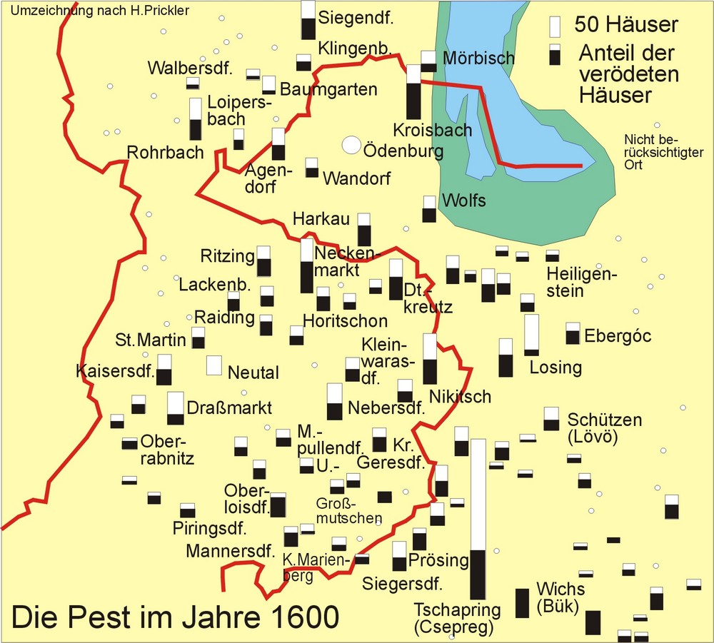 Zu sehen sind die Opferzahlen der Pest im Jahr 1600 auf dem Gebiet des heutigen Burgenlandes nach einer Studie von Harlad Prickler