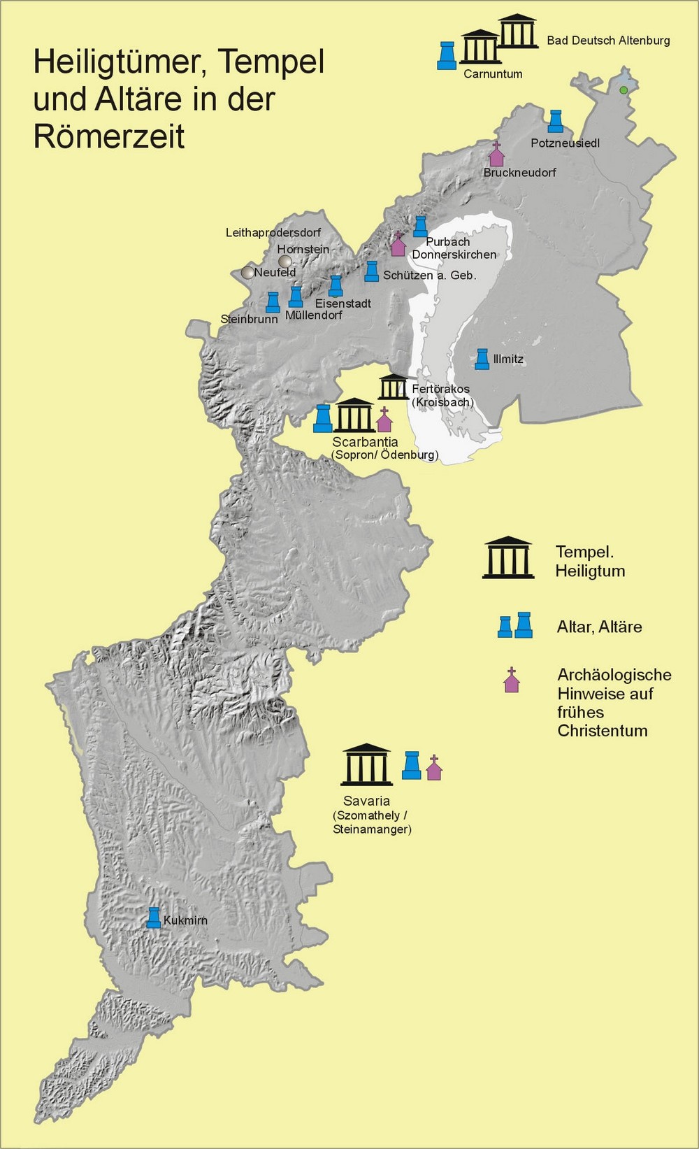 Auf der Karte ist zu sehen, wo sich Heiligtümer, Tempel und Altäre in der Römerzeit befunden hatten. Hauptsächlich entlang des Leithagebirges und rund um Scarbantia und Savaria. 