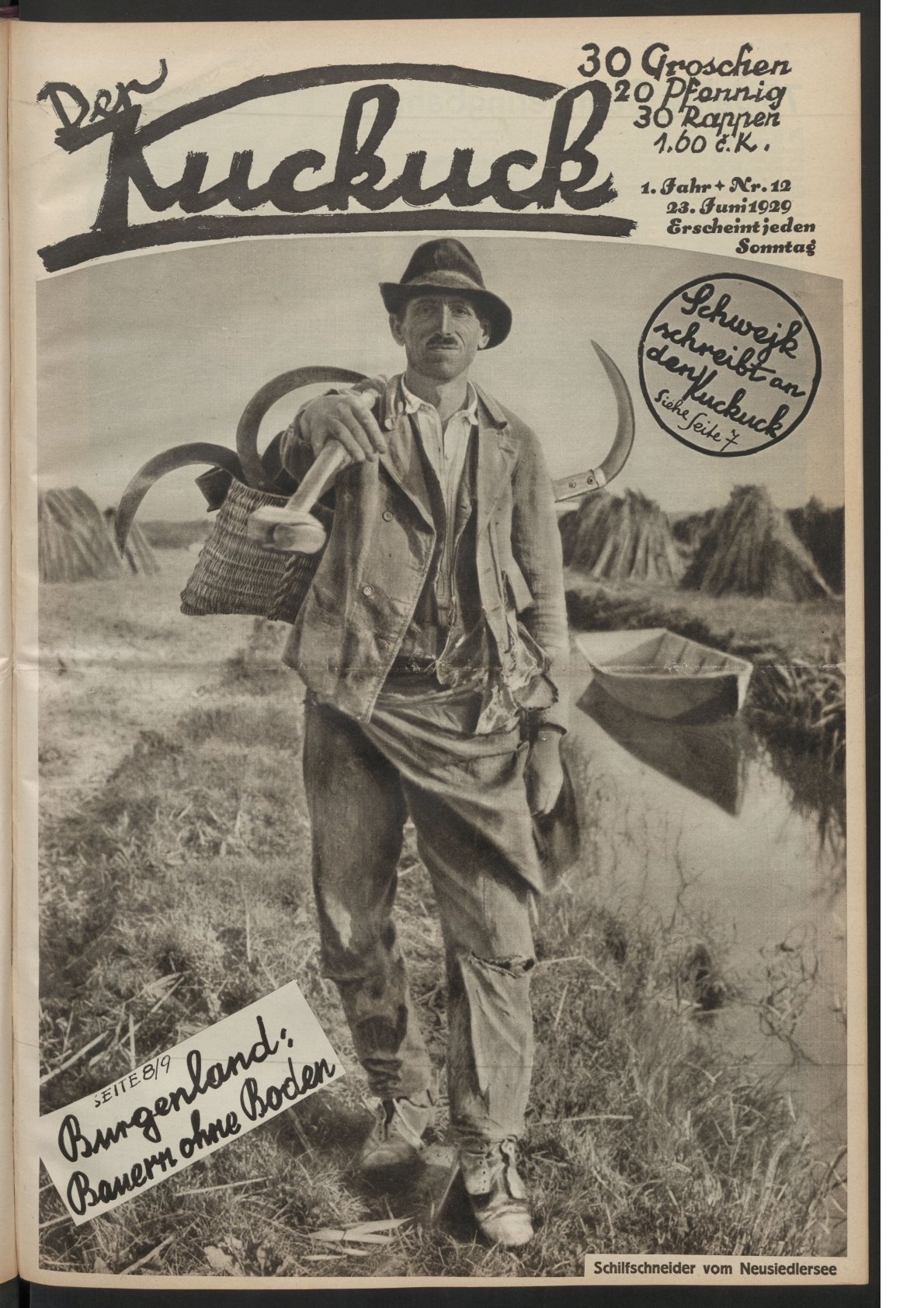 Titelbild mit Schilfschneider vom Neusiedler See der Zeitschrift Kuckuck der Ausgabe vom 23. Juni 1929. 